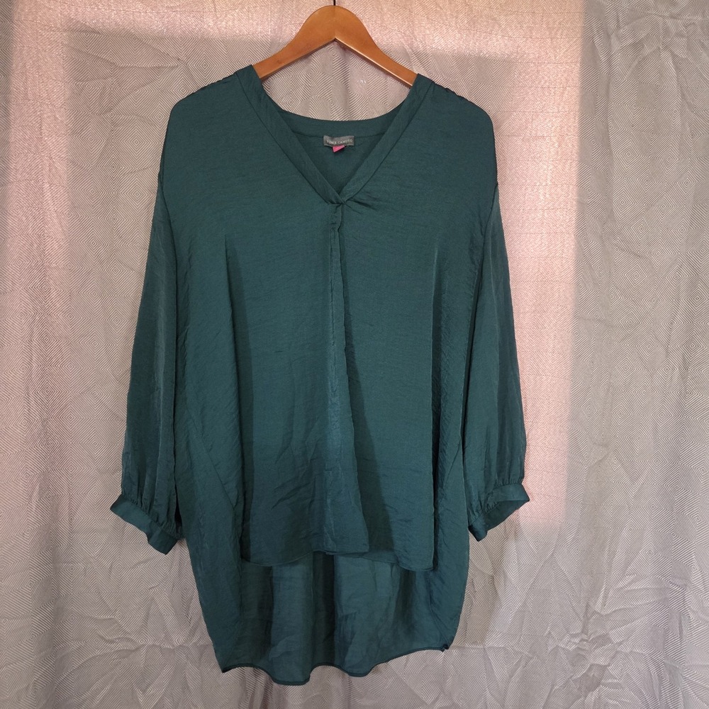 Vince Camuto Blouse Womens Plus 2X Green Solid V Neck Long Sleeve Tunic Top
